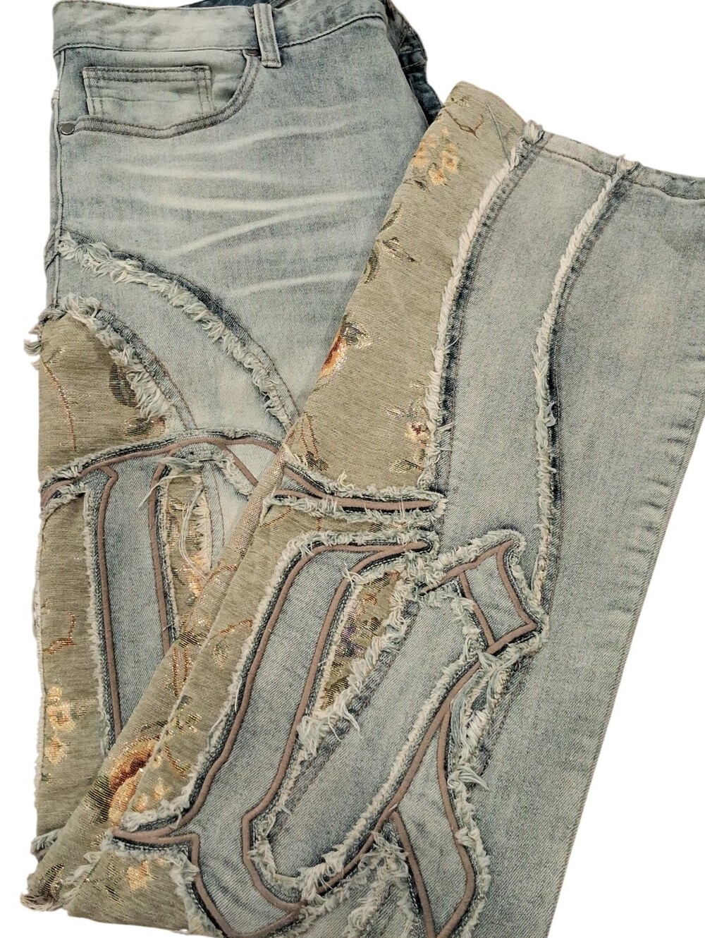 Smoke Rise Light Blue Distressed Men’s Jeans with Decorative Patchwork